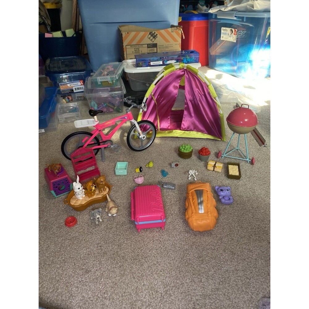Barbie Camping Travel Playset Lot Tent Bicycle Grill Pets Suitcase Accessories